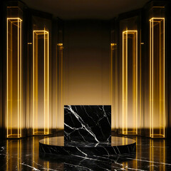 Empty black marble podium with glowing vertical gold light beams, luxury product display stage for jewelry or high-end brands
