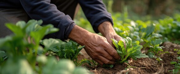 Focused hands diligently extracting stubborn weeds from a flourishing vegetable patch