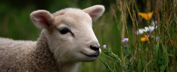 Obraz premium Lamb munching on grass by some colorful wildflowers