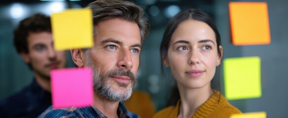 Colleagues attaching vibrant notes to a glass wall in a planning session.