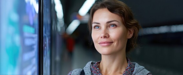 Confident woman interacting with touchscreen display at public transport station.