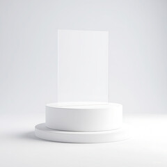 Modern two-step white pedestal with vertical clear glass panel for luxury product showcase