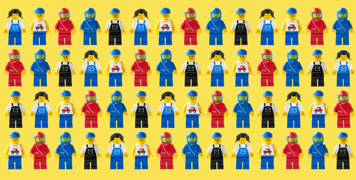Fondo de trama de figuras humanas de LEGO oficial. Para manteles, tapetes, empapelar