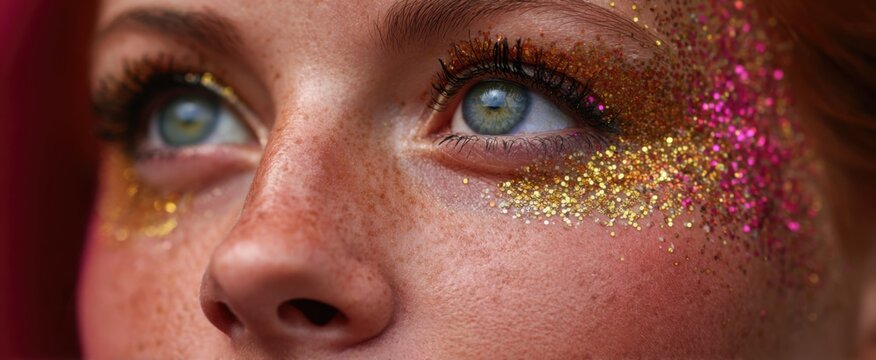 Vibrant close view of shimmering glitter and bold makeup on festival-goer's face