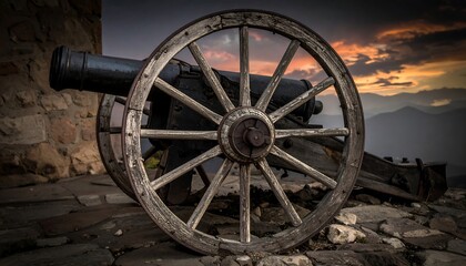 Obraz premium Old cannon with weathered wooden wheel at sunset