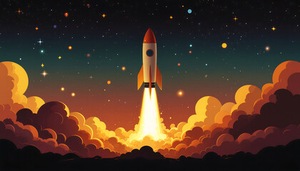 Naklejka premium A stylized vector poster of a rocket launch at night, simple shapes for clouds