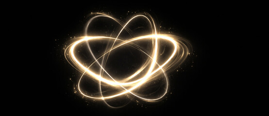 Abstract golden glowing energy swirl with luminous light trails and spark particles, dynamic magic power loop illustration on transparent background