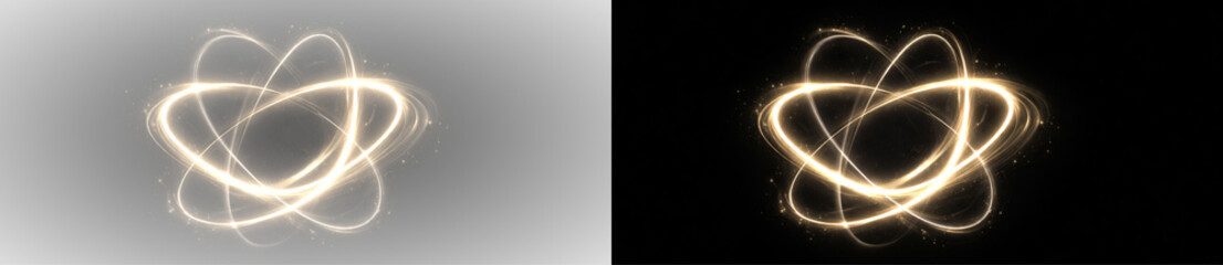 Abstract golden glowing energy swirl with luminous light trails and spark particles, dynamic magic power loop illustration on transparent background © Poliak