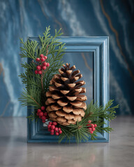 Rustic Pinecone and Red Berries Adorned in a Blue Frame with Evergreen Sprigs