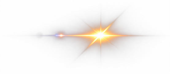 Golden horizontal star light flare with bright glowing rays and optical lens effect, abstract luminous energy illustration on transparent background