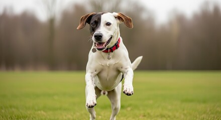 A white and black dog running on a grassy field with a blurred background of trees.
