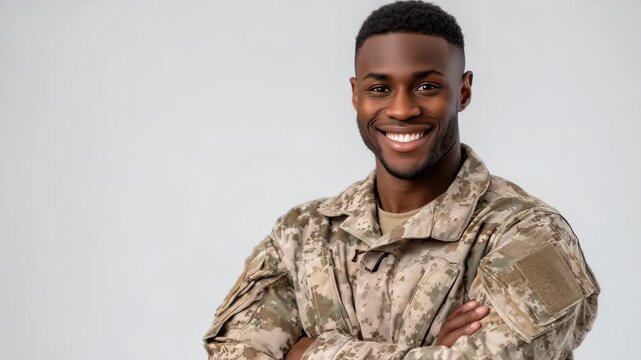 186Portrait of male soldier in camouflage fatigues, smiling at camera, plain white background, military discipline and approachability balanced