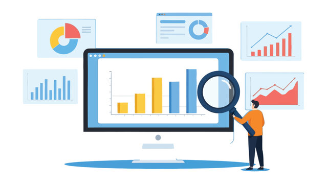 Business People Monitoring Finance and Investment Reports Vector &ndash; Analytics on Computer Screen.eps