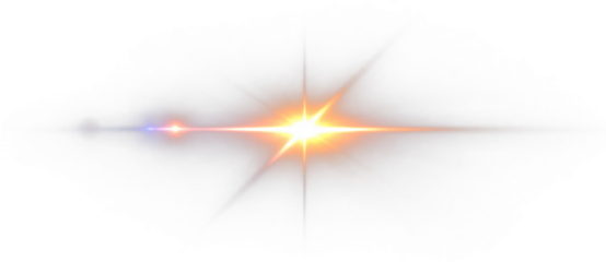 Golden star light flare with bright horizontal beam and glowing rays, abstract luminous energy and optical lens effect illustration on transparent background