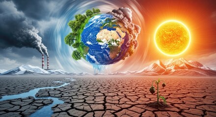 A surreal landscape with a globe, a sun, and a plant growing out of the ground.