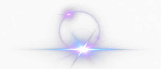 Blue and purple glowing energy ring with bright lens flare and luminous light rays, abstract futuristic cosmic effect illustration on transparent background