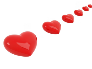 Sequential red hearts isolated on transparent background