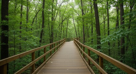 A wooden boardwalk in a lush green forest with a wooden railing.