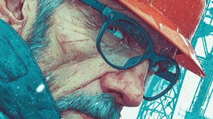 Close-up of a worker in a hard hat and glasses, with a snowy backdrop