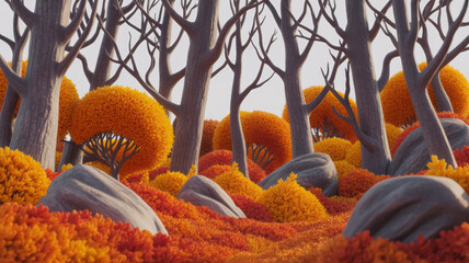 Stylized autumn forest with bare trees and vibrant orange foliage branches