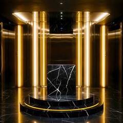 Tiered black marble display platform in a luxury dark room with golden light columns, high-end commercial background