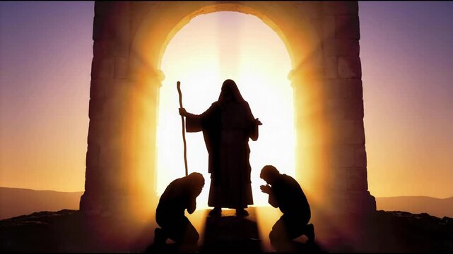 King and Priest Melchizedek Blessing in Sacred Light Silhouette, Ancient Biblical High Priest Offering Bread and Wine, 4K Video