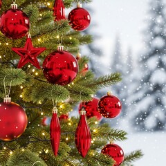 Christmas tree with red ornaments and lights in winter.