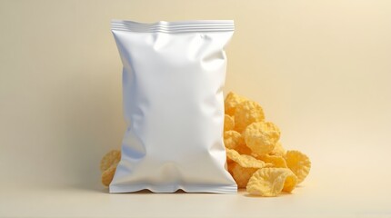 Blank white snack food pouch mockup stands beside a pile of crunchy corn chips ready for product branding application