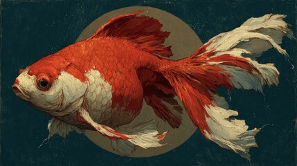 Ornate goldfish swims, red and white, against a dark blue background