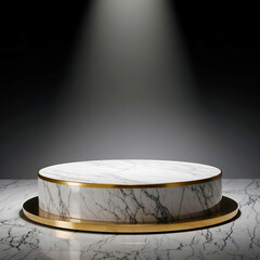 Circular white marble podium with gold trim on a matching marble floor with overhead spotlight