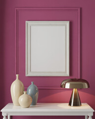 Three decorative vases and a metallic lamp on a white shelf against a magenta wall