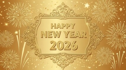 Grand happy new year 2026 celebration background featuring ornate baroque golden frame border surrounding metallic text with fireworks and confetti display
