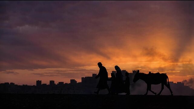 Biblical Lot Fleeing Sodom and Gomorrah in Urgent Dawn Silhouette, Destruction of City and Divine Judgment, 4K Religious Video