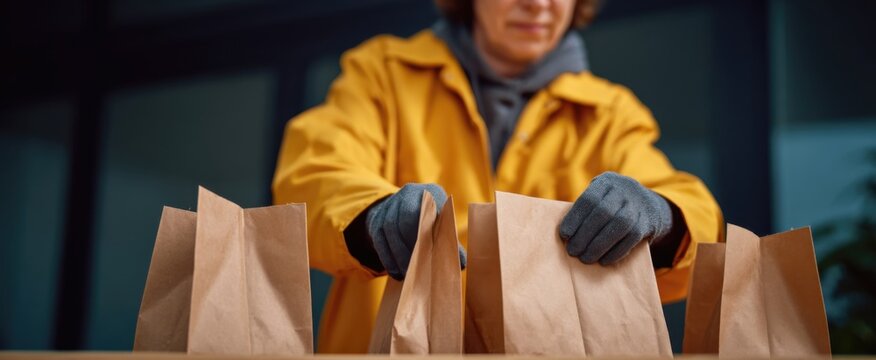 food delivery worker stowing fresh dishes into logoed brown sacks