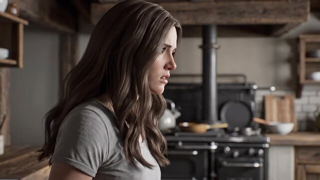 Woman with Brown Hair in Rustic Kitchen