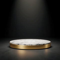 Single white marble disc podium with gold base under a spotlight on a dark floor