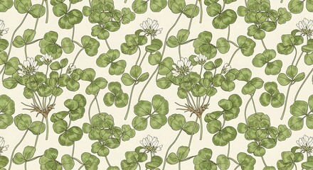 Clover Pattern - Botanical Illustration of Green Leaves and Flowers.