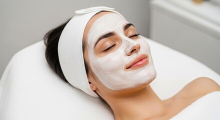 A woman with a white headband and a white towel on her head, lying on a white surface with her eyes closed, wearing a white mask on her face.