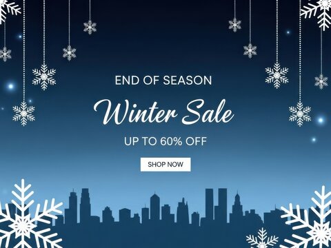 Winter sale advertisement with snowflakes and city skyline at night with discounts up to sixty percent off seasonal items - Powered by Adobe