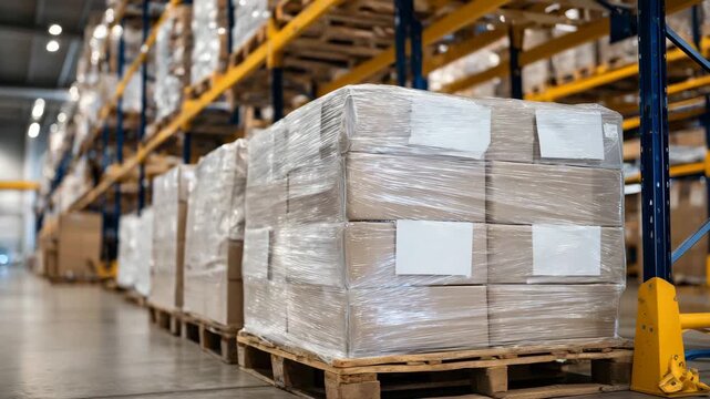 212A pallet stacked neatly with wrapped food items in a bright warehouse, clear shrink wrap tightly encasing boxes, emphasizing organization and inventory management