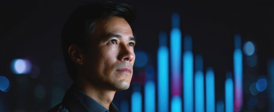 Intense concentration as the large financial chart looms over the dedicated worker's thoughts - Powered by Adobe