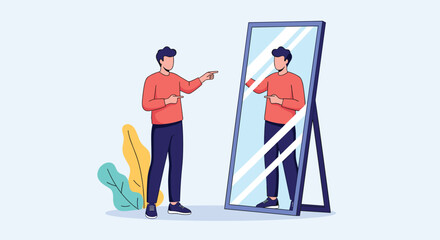 Fototapeta premium Young man standing in front of a full-length mirror looking at his reflection and checking his appearance with style and confidence.