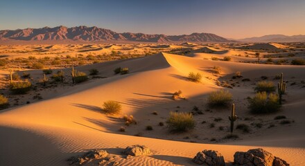 Desert landscape with sand dunes and mountains in the distance.