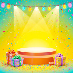 Festive birthday podium with gift boxes, colorful confetti, and party string lights
