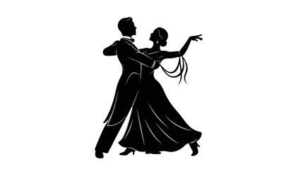 Elegant Ballroom Dance Couple Performing a Dynamic Waltz Silhouette on an Isolated White Background