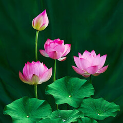 A serene display of pink lotus flowers and verdant leaves blossoming gracefully in tranquil water