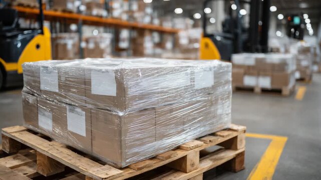 213Close-up view of a pallet loaded with assorted food packages, plastic wrap reflecting light, orderly arrangement highlighting warehouse efficiency