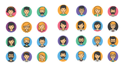 Set of diverse people avatars with various hairstyles and accessories in colorful circular backgrounds for social media profiles and user icons.