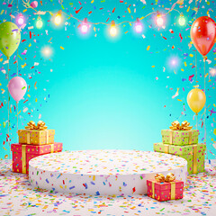 Colorful party podium with balloons, gift boxes, and confetti on a bright turquoise background