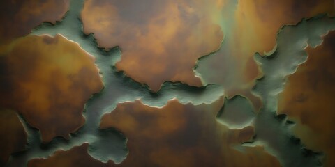 Abstract aerial view of alien terrain featuring dark orange clouds contrasting with textured green geological formations